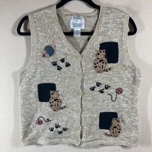 Vtg Christopher & Banks Hand‎ Embroidered Cat Vest Sz M Tan/Brown Artsy Novelty